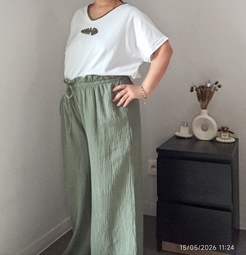 Pantalon jambes larges gaze de coton