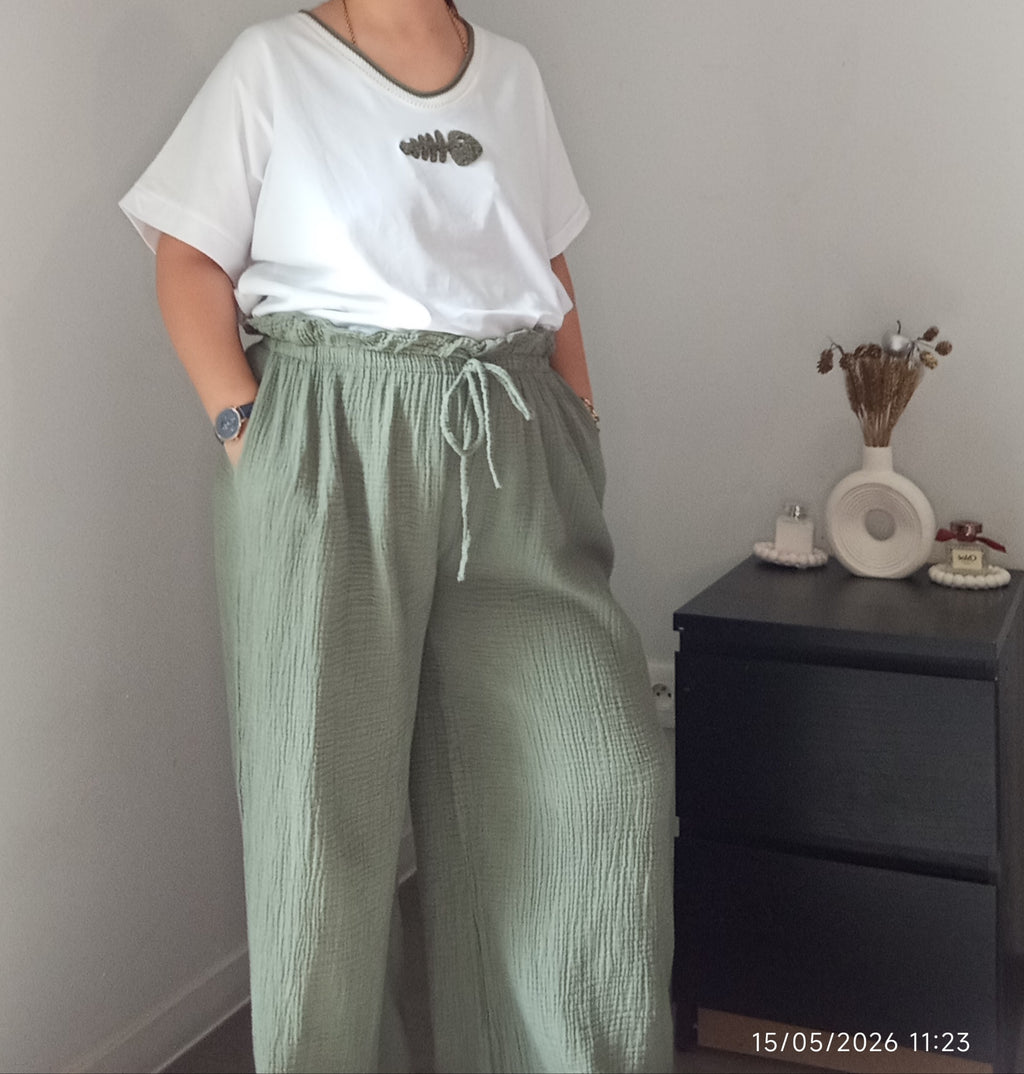 Pantalon jambes larges gaze de coton